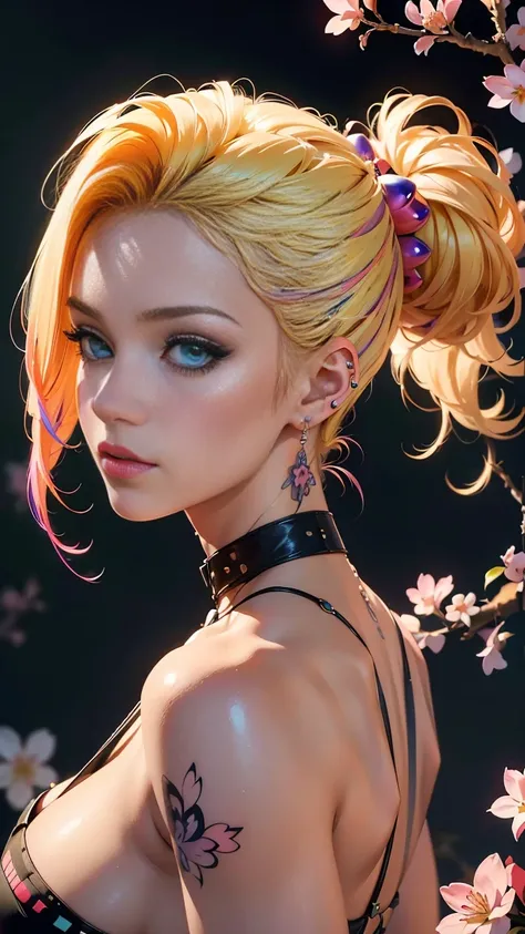 (masterpiece, top quality, best quality, official art, beautiful, cosmic, atmospheric, psychedelic, dreamlike and aesthetic:1.2), (1girl, blonde punk rock mohawk hair, tons of tattoos and piercings, accentuated super huge enormously gigantic , cleavage sho...