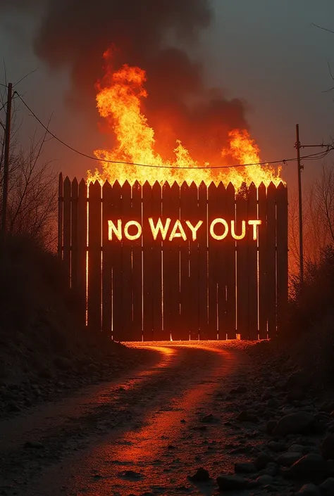 Create a fence with the words no way out set on fire 