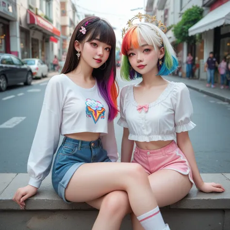 two Korean girls sitting on the street,  looking at the camera with a seductive look,  long rainbow-colored hair, very pretty,  extremely small breasts,  very small and thin body, slightly marked bones , Small angelic face, She is very thin and small, very...