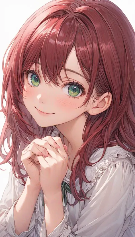 best quality,２D,1 girl,19yo,slender,fair skin,long hair,burgundy color hair,layer cut hair,dark green eye,smile,looking up,shy,red cheek,medium 