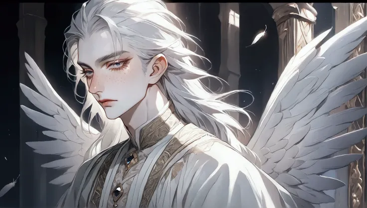 solo, man, masculine eyes, narrow eyes, handsome, attractive, ((pale skin)), ((long eyelashes)), ((male)) ((beautiful)), muscles body, white long hair, cinematic lighting, feathers, angle wings, freckles, wearing white cloth 