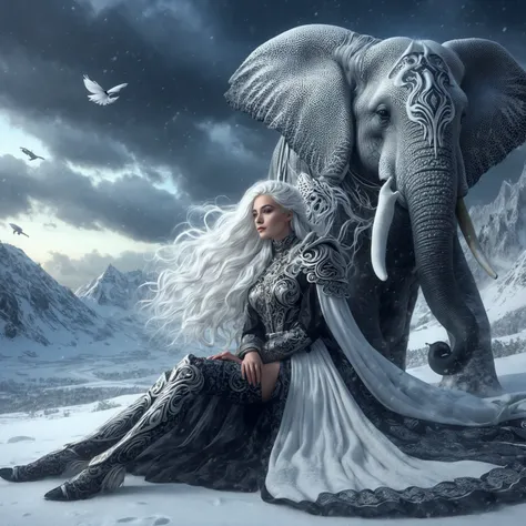 Realistic fantasy creature artwork an exaggerated of a young caucasian woman with long white hair wearing a long flowing white and black knights robe gracefully sitting in the snow next to a large white and black spotted elephant with a long trunk. The bac...