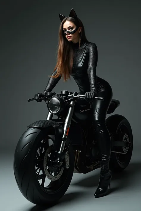 A highly detailed and realistic image of a woman dressed as a sleek, modern Catwoman. She is posed on a futuristic motorcycle, leaning forward slightly, emphasizing her dynamic and confident posture. The outfit is a textured black leather catsuit with subt...