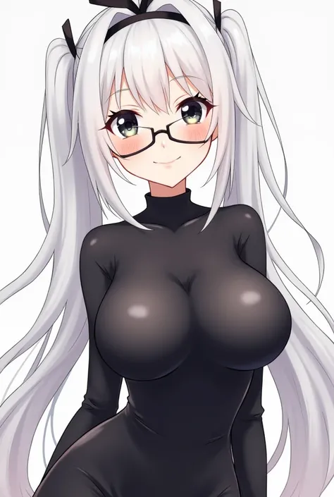  An anime-style character , White hair tied on both sides, big breast , two short Maria s , with small black ribbon on the head , black eyes,  along with visible eyelashes , a straight eyeglass  ,  an black outfit with a small black skirt