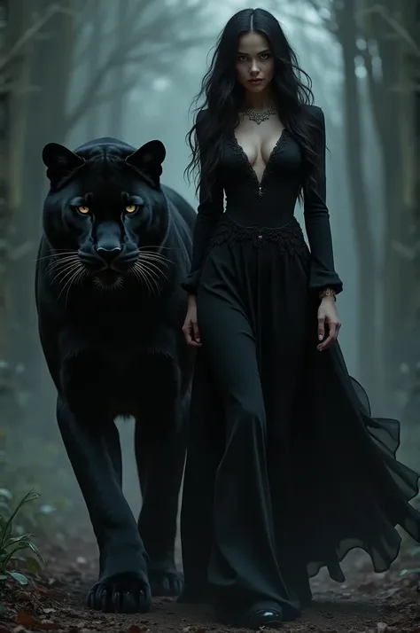 a woman in black walking with a big cat