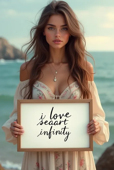  Beautiful girl with long wavy hair, bohemian dress,  holding a white board with the text " I Love Seaart Infinity "  and showing it to the spectator