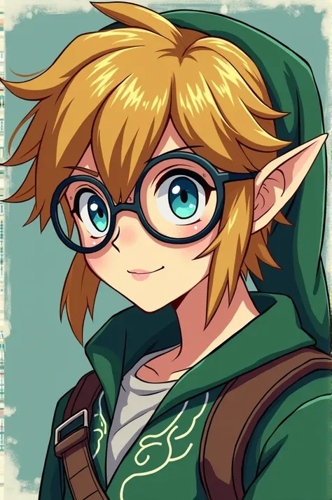 Its a funny discord profile picture. Its japanese a comic anime style, Link from the legend of Zelda. He has some villanous traits to make him look badass. He wears big glasses emphasizing hes a Language student 