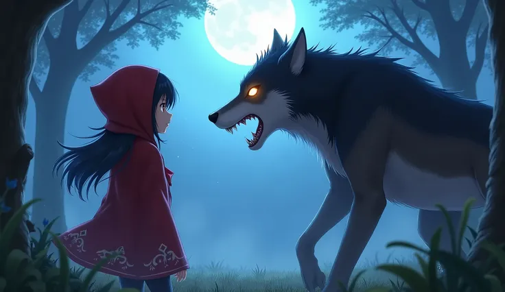 Werewolf, red hooded girl, fantasy, anime, mysterious forest, full moon