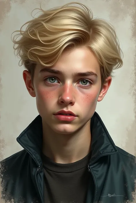 Scorpius with blond hair and gray eyes Being the son of Hermione and Fred Weasley.