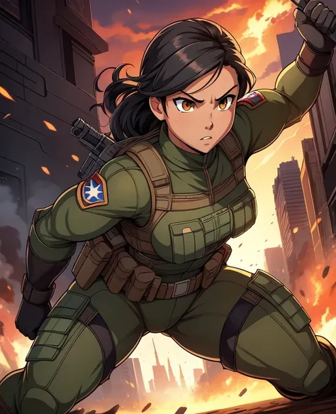 Full body, hq artwork, 27-year-old, Navajo Woman, tan skin, amber eyes, short and wavy black hair, athletic physique, strong muscles, military girl, soldier girl, (Wearing: camouflage military uniform, military armor, bulletproof vest, gloves), expression ...