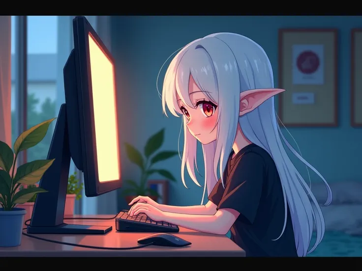 A sleepy anime elf with long white shaggy hair and red eyes in a black t-shirt plays on her computer in leage of legends