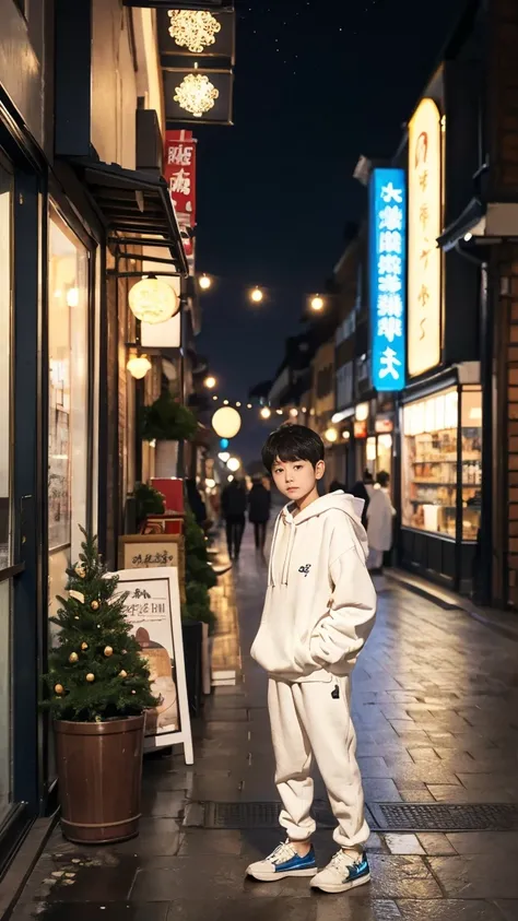 A boy，Standing在商店门口，Stand in front of the store with a white hoodie ，Black trousers，Canvas shoes， long legs，Gentle Boy ，Stand in front of the store with the street in the background ，Christmas atmosphere， atmosphere under the stars，Valentine&#39;s Day， War...