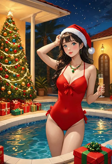 Cosy evenings，圣诞Swimming pool派对、 red and green Christmas present ，Christmas tree，Australian young woman 、Christmas swimsuit 、Hair accessories，necklace， Swimming pool、light、Champagne、Santa hat，Festive mood、 Vivid colors 、 holiday atmosphere、holiday celebrat...