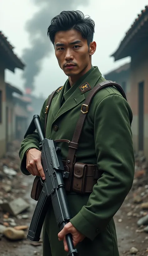 (photorealism:1.2), very Handsome japanese man, 22-27 year-old, army, tight army uniform, background broken village with smoke, with gun