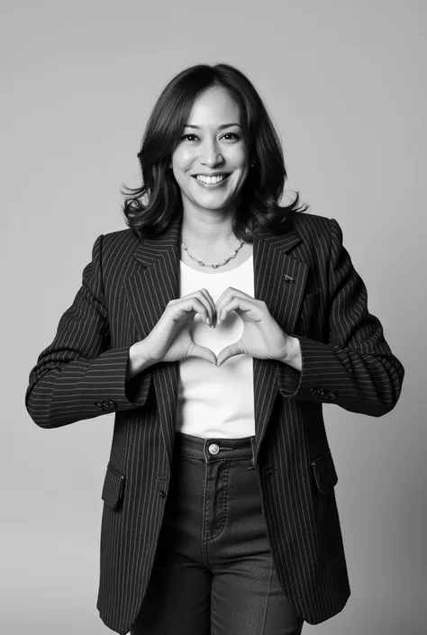 Kamala Harris:1.7,パステルカラーのオフショルダーパジャマWearing、A smiling woman posing alone 。 is a material that makes you feel warm just by touching it softly and gently,  firm  ,  is making a big heart with both hands ,  Wearing、Physical-based rendering of , View above th...