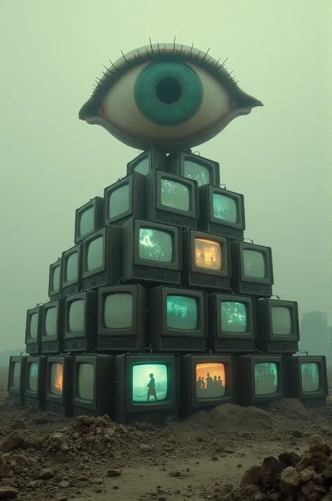 Realistic image: a pyramid of old TVs, tuning one eye to each screen, film filter 