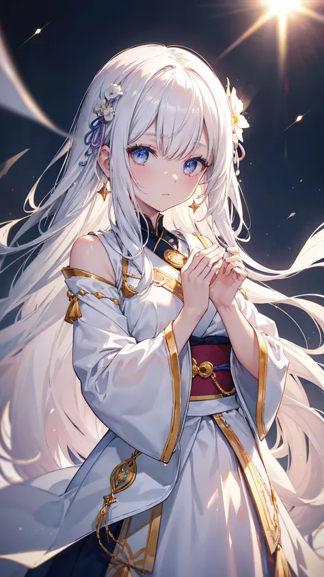 (White hair, The hair hangs on the shoulders ,  Very long hair ,  Very thick hair ),  Gray hair color , ( Beautiful and detailed eyes, White eye color, Star Student), Saint, Saint服饰,  Beautiful and detailed jewels at Fantasy Shrine  ,  pray , Halo,  Bless ...