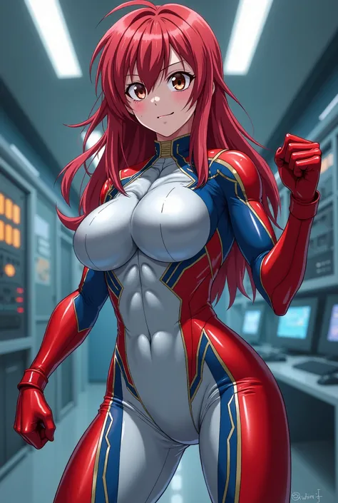   My Hero Academia Style ,   anime girl  , woman, young woman ,  full body shot ,( Fighting Stance :1.3), long hair, Red Hair,   Brown Eyes , hero suit, Full Body Suit, silver suit with red and blue details,  Perfect Anatomy  ,  enhanced abs , super detail...