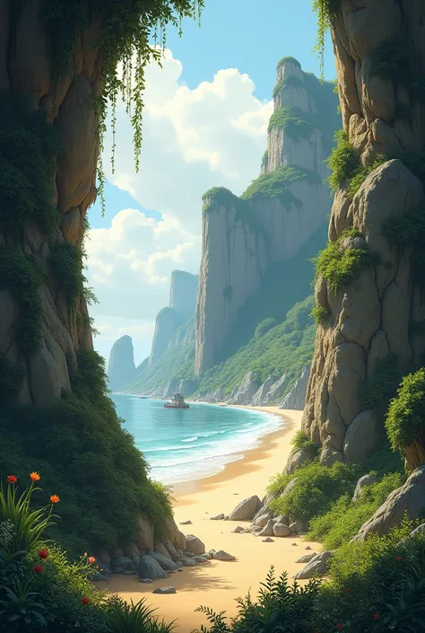 A beach with cliffs and undergrowth