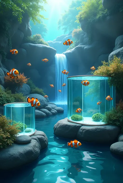 Aquariums with clownfish in an ornamental waterfall