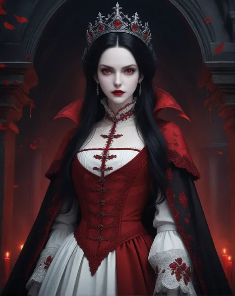 ((Foto RAW),  absurd, ( absurd resolution)),  masterpiece ,  best quality , ( Extremely detailed 8k unit CG wallpaper), ( best illustration), (best shade), woman, vampires, rpg,  long hair,  black hair , pale skin, vampires, rainha vampires,  black and whi...