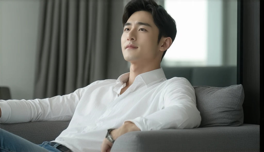 A short-haired Korean man in a white shirt and jeans laying on sofa in modern room and he is watching side 