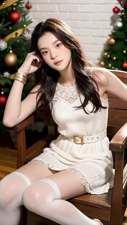 a photo realistic shoot from the side about a young Vietnamese woman sitting on a decorative chair in front of a christmas tree adorned with gold and silver ornaments, the image also shows soft lighting and festive decorations, on the middle of the image, ...