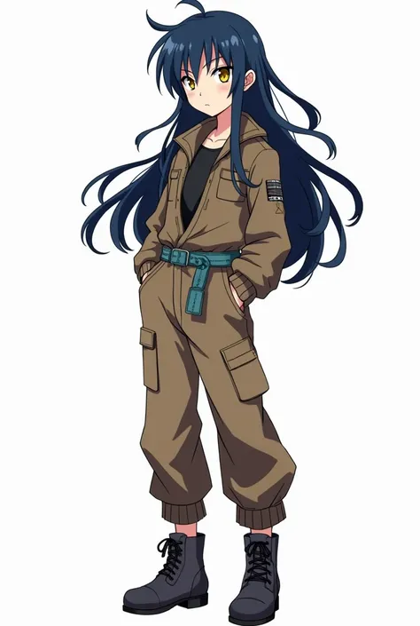  Do it in the style of Togashi author of Hunter x Hunter, Do it in the style of Hunter x Hunter ,  female character 23-year-old female ,  long and messy dark blue hair yellow eyes wears an aviator jumpsuit,  the sleeves of the jumpsuit are tied around her ...