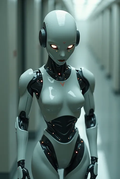 Create an image of a futuristic concept, but one that has to do with euthanasia, with a robot from the front that gives an understanding to ask to turn it off.