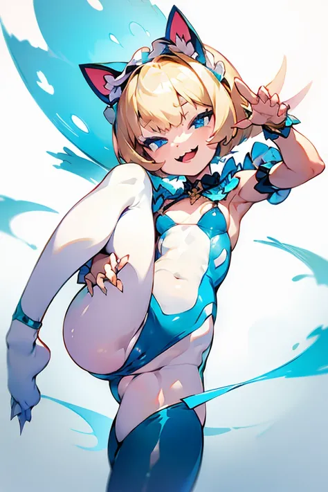   White Gradient Background  ((whole body)) (   dark blue eyes)   detailed face  ,   Detailed Filtering  ,,   A girl with small breasts  ，   anatomically correct ，  Cat Shaped Headdress  ，   short hair，Blonde Bob Hair ,  Laughter， white cat bikini costume ...