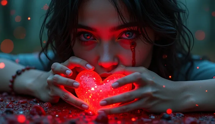 beautiful exotic girl sad, heart broken, vivid colors, crying blood with sparkles, a heart that is melting