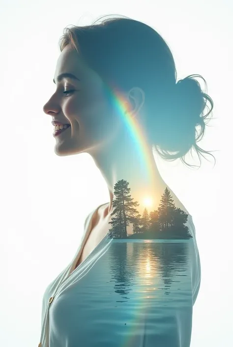 double exposure, whimsical magical image of a majestic "beautiful smiling woman looking down" silhouette, magical heavenly landscape with rainbow and reflective water, hyperrealistic, highly detailed, white background