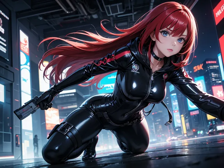 Alone,  seen from the front ,  looking at the spectator , super fine photo ,  Unreal Engine 5 8K UHD portrait of a beautiful girl wearing a tight black latex suit and details of blue neon lights, elegant black jumpsuit , Hood covering the head,  iconic bla...