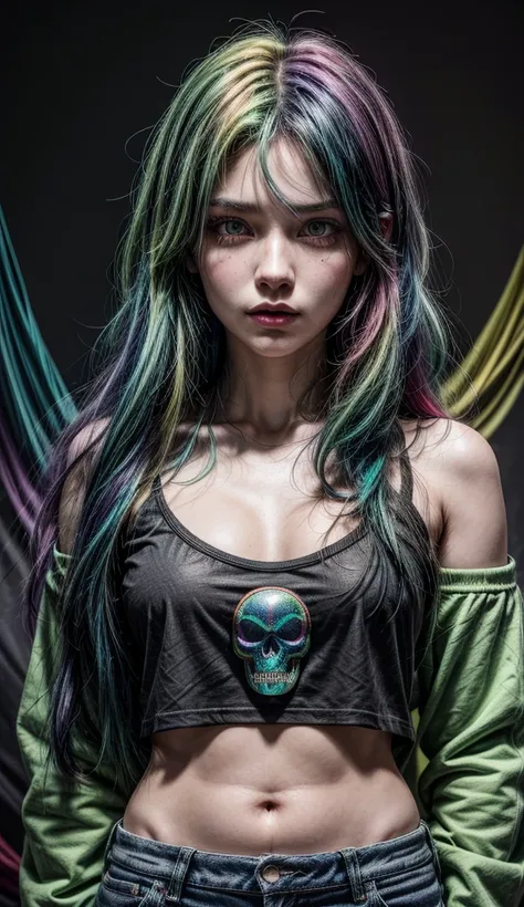 Psychodelic background, kaliedoscope, beautiful woman, long rainbow colored hair, heterochromia, left eye emerald green, right eye sapphire blue, black cropped t-shirt with trippy skull design, green low rise jeans with patches, acid trip, trippy, 8k UHD, ...