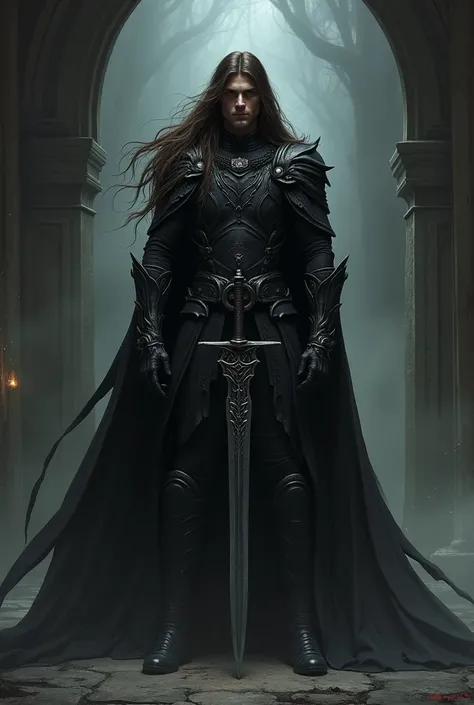 Blood hunter, male, gothic style, all black, long brown hair, long sword