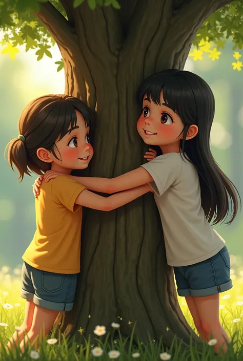 Two girls in t-shirts hugging a tree and a girl in a shirt looking nervously at a tree