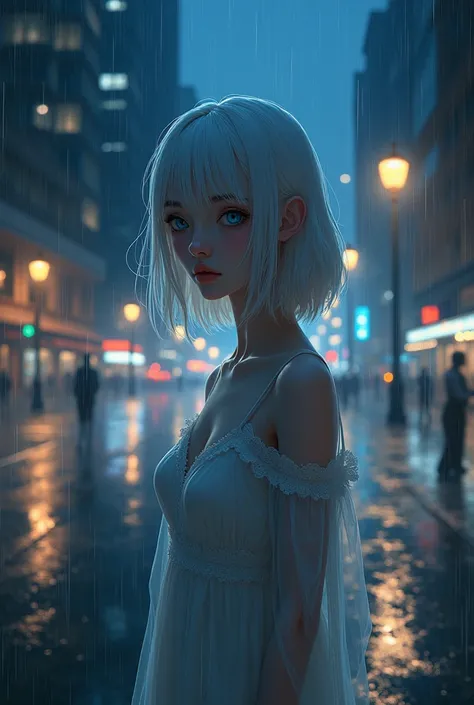 Beautiful girl with white shoulder length hair and blue eyes in a dress. In the rain on a night street in the city 