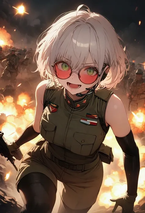 masterpiece , a girl, in battlefield, ( lite white short hair:1.2), (green eyes:1.2), (polish Millitary Uniform:1.2), (8k, best quality 1.2), ultra-detailed, 8k uhd, soft lighting, high quality, beautiful lighting, cinematic ,perfect body , best illuminati...