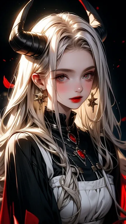 Extremely Pale Skin Teenage Girl , Long Needle Hair, Silver Hair, Black and Red and White tricolor gothic dress,Golden Eyes,Extremely red Lips,Black Aurochs Horn ,Big Eagle Bone Wings,Marigold petals are dancing.