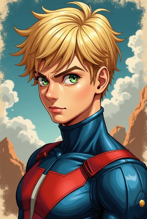 Make me a portrait of myself in an Avengers manga as a blond white person with light green eyes, a man and a young man