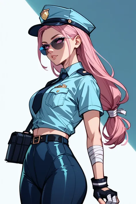 simple sketch, colorful sketch drawing, simple lines, Girl police officer ,  long hair tied light green with a shade of light blue,  pink eyes from sunglasses with blue lenses ,  of black tight sleeve blouse and camouflaged tight pants , bands bandages on ...