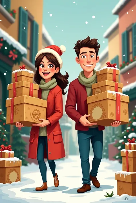 Husband and wife with 5 boxes of panettone ( cartoon)