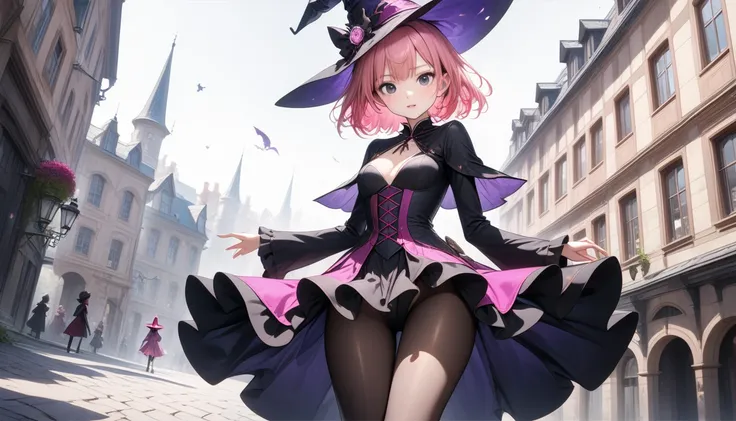 ((Witch, witch costume, witch hat, sexy costume, skirt, pantyhose)), Shiny Costumes, ((skindentation)), skinny, alone, solo, Masterpiece, highest quality, highest quality, 16K, incredibly absurd, highly detailed, 2.5D, ai-generated, delicate and dynamic, v...