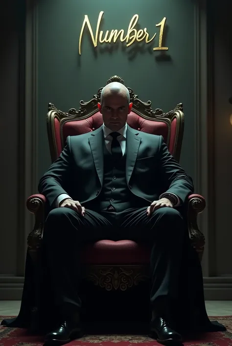 A picture of a strong man wearing a black formal suit who does not show his face sitting on a luxurious throne with Saudi gum next to him in a mysterious room and writing on the wall behind him the name NUMBER 1 in a script like the movies