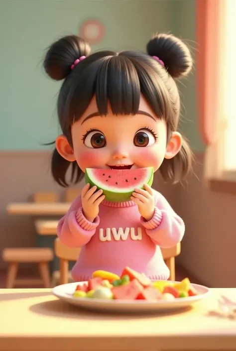 A 3D animated scene featuring Uwu, a cute and adorable  girl. She has her hair styled in two buns on top with bangs, clear hair fiber, and flushed cheeks. She is wearing a pink sweater with uwu written on the front. Uwu is happily eating a slice of waterme...