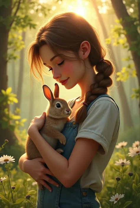 One day,  while walking in the woods ,  Sofia found an injured bunny .  Very carefully ,  took him home and looked after him until he recovered.

Suggested image: Sofia a teenager with a bunny in her arms, with a tender expression .