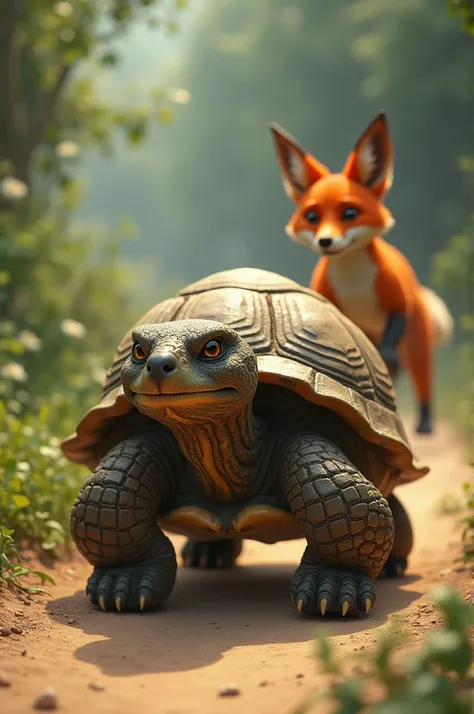 "The tortoise started moving forward slowly. Suddenly, the fox woke up and saw the tortoise near the finishing line! The fox raced, but by then, the tortoise had already won."

