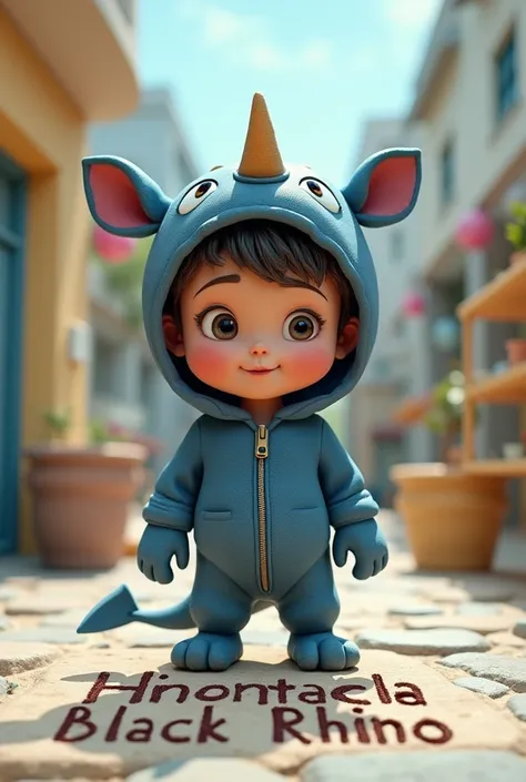 3D cartoon image of a boy wearing a black rhino costume with the name HUNGRY BLACK RHINO written embossed on the floor. On the front of his blue whale costume is printed the name MR NOBODY. Looking at viewer, Wide Shot,