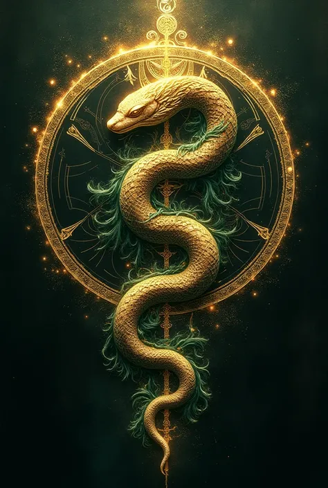 
 A snake stylized as an ancient symbol,  surrounded by mystical patterns ,  representing wisdom ,  temptation and transformation . The colors are golden , green and black.