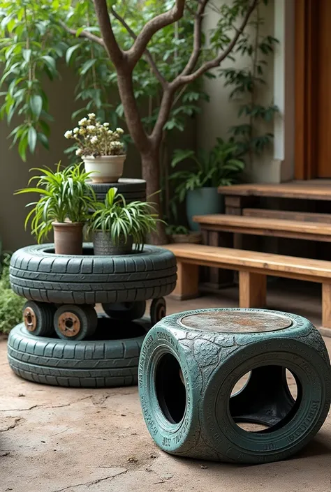 Create different horizontal image of eco-friendly upcycling tire furniture